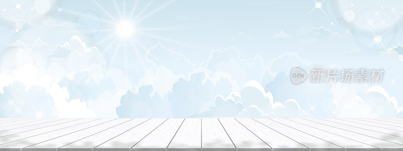 空展示工作室白色木桌面云，蓝色天空与阳光，矢量背景木地板纹理与夏季天空的光效果。地平线旗春夏品牌产品展示