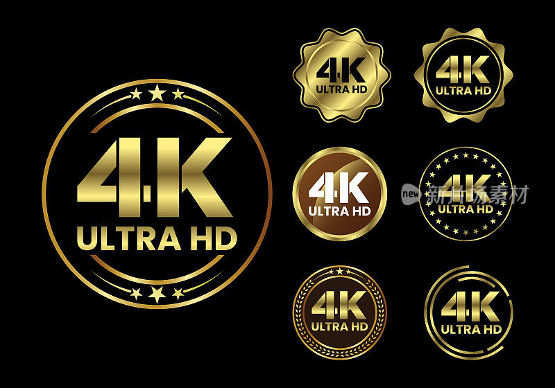 黄金4K超高清视频分辨率图标标志，高清电视，游戏屏幕显示器显示标签，4K超高清标签网页按钮。