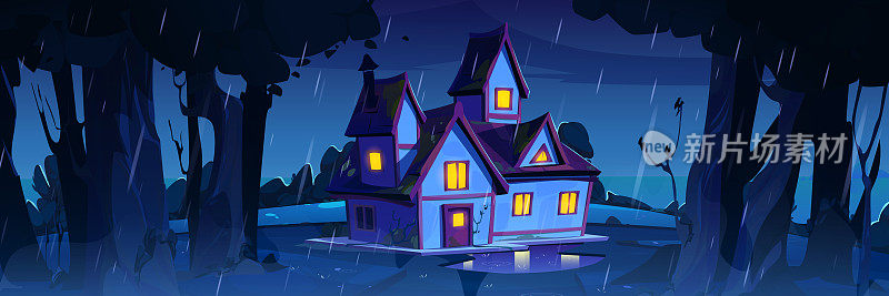 夜雨景观与森林，村庄的房子