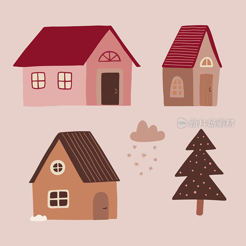 可爱的圣诞屋装饰。新年和圣诞节属性矢量平面插图。传统的寒假。