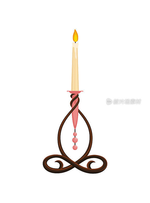 烛台。复古烛台与燃烧的蜡蜡烛火焰。优雅的老式灯架或金属灯图标插图的室内设计。古董蜡烛