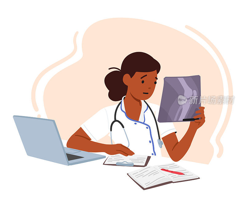 年轻的女医生角色坐在办公桌前，用笔记本电脑处理病人的x光图像，利用技术