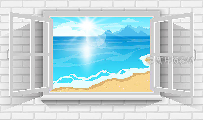 矢量插图美丽的夏季景观的沙滩与明亮的阳光通过打开的窗户的看法。