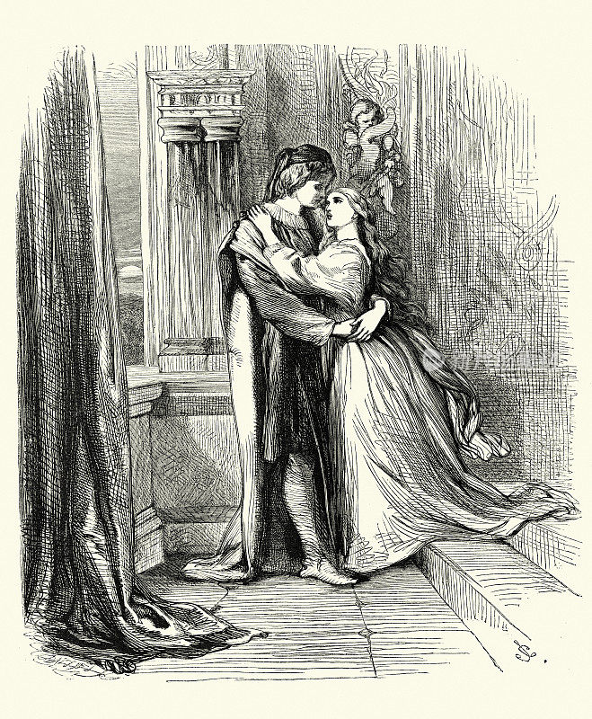 第三幕第五场，出自19世纪维多利亚时代威廉・莎士比亚的《罗密欧与朱丽叶》，由约翰・吉尔伯特绘制