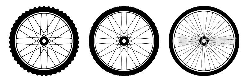 自行车车轮。3种自行车橡胶矢量图