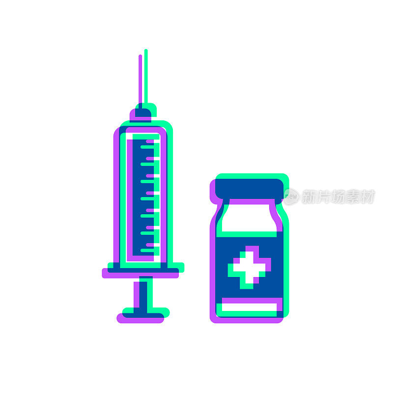 注射器和疫苗瓶。图标与两种颜色叠加在白色背景上