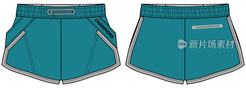 复古跑步短裤球衣设计平面草图插图，运动短裤的概念与前后视图跟踪运动穿短裤的设计。
