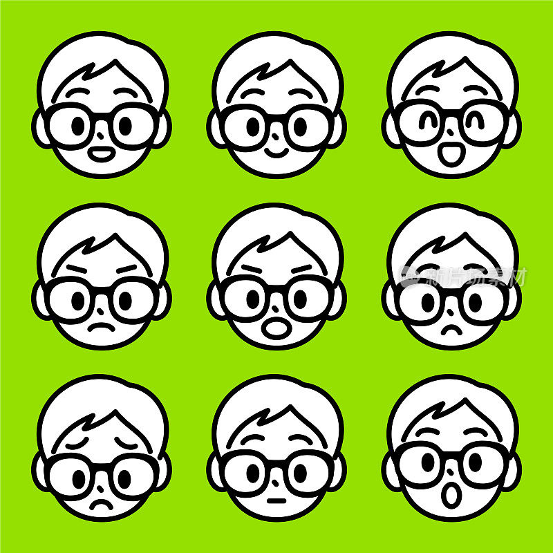 可爱的面部表情图标的男孩与角框眼镜，极简主义风格，黑白轮廓