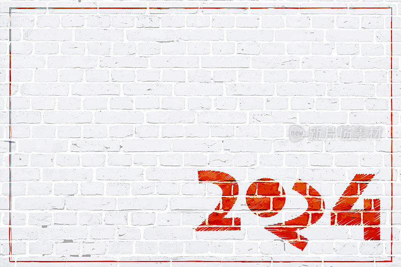 质朴可爱的白色砖墙纹理效果垃圾背景圣诞矢量插图与红色单线边界和创意有趣的新年快乐文本2024作为涂鸦