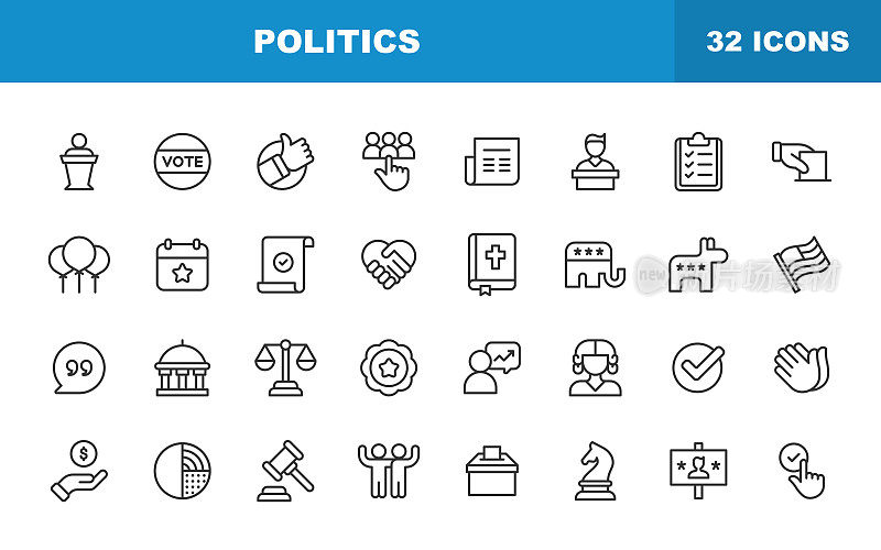 政治线图标。可编辑的中风。包含投票，竞选，候选人，法律，捐赠，政府，国会，选举，权力等图标。