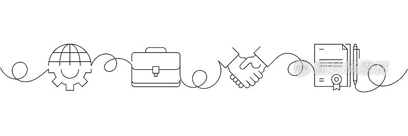 连续一行绘制业务图标的概念。单线矢量插图。责任、市场研究、协议、财务。