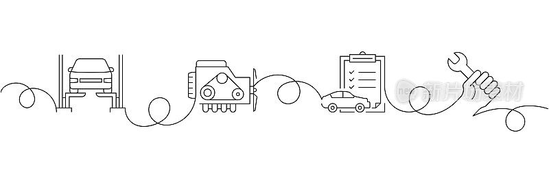连续一行绘制汽车服务图标的概念。单线矢量插图。采购产品汽车修理店，汽车，维修，检查。