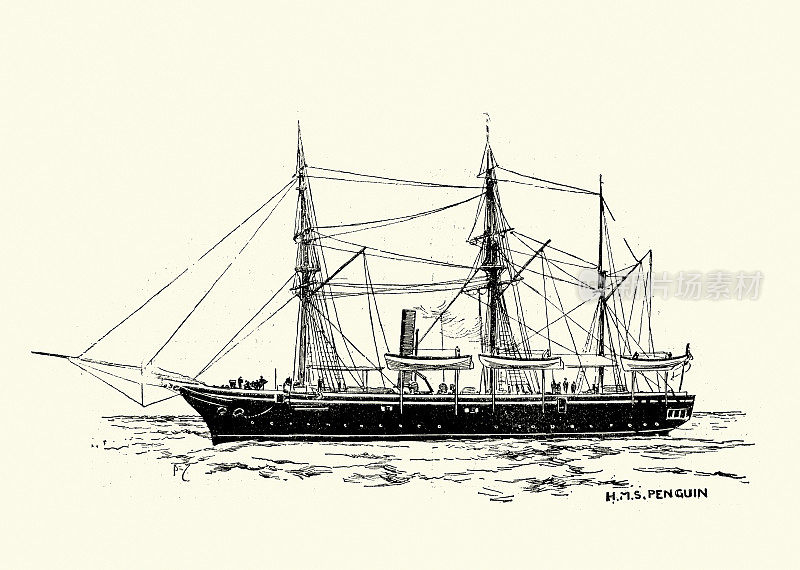 皇家海军舰艇，HMS企鹅号是一艘鱼鹰级单桅帆船，测量船，19世纪19世纪90年代维多利亚时代