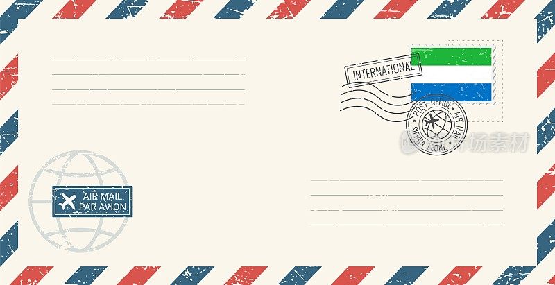 空白航空邮件垃圾信封塞拉利昂邮票。复古明信片矢量插图与塞拉利昂国旗隔离在白色背景。复古的风格。