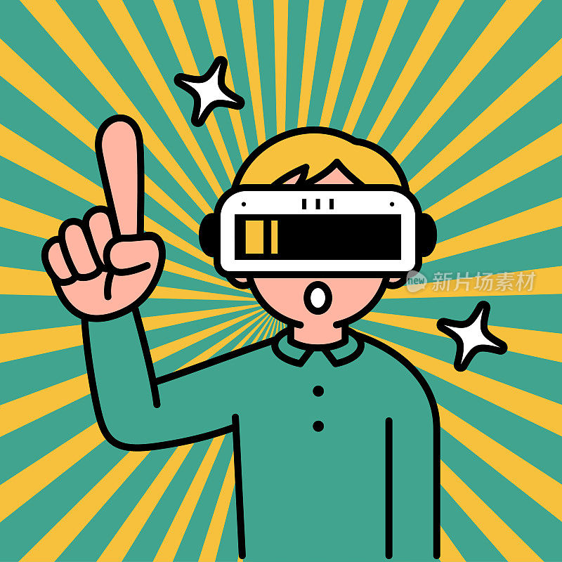 一个戴着虚拟现实耳机或VR眼镜的男孩进入虚拟世界，看着观众，用食指向上指