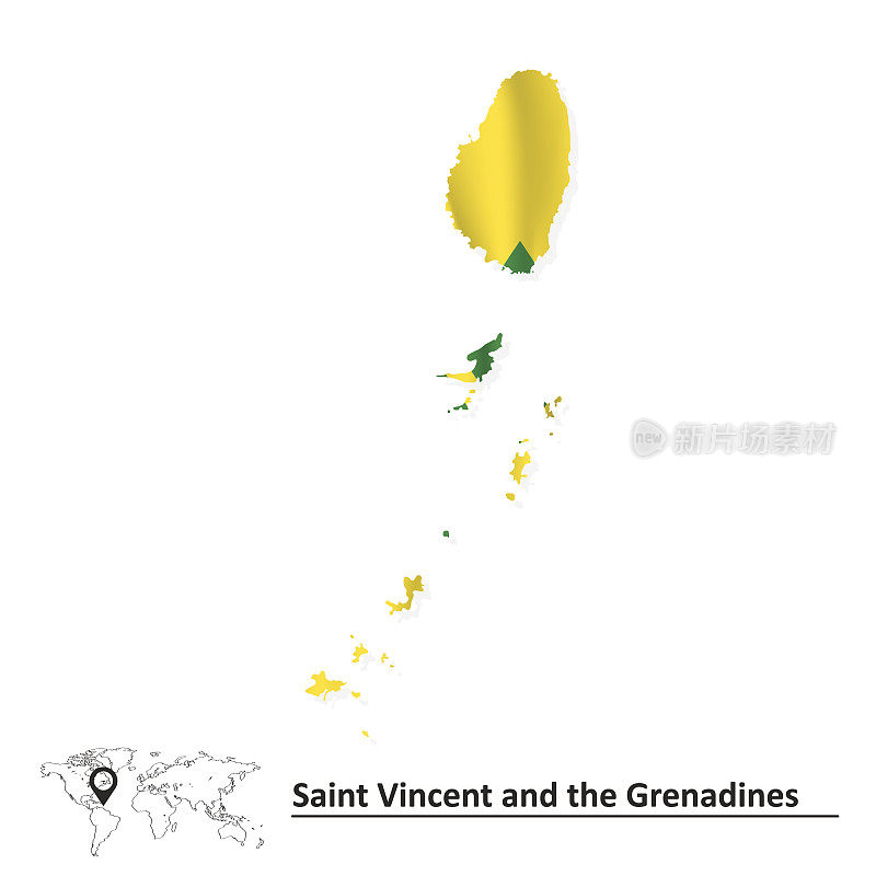 带旗帜的圣文森特和格林纳丁斯地图