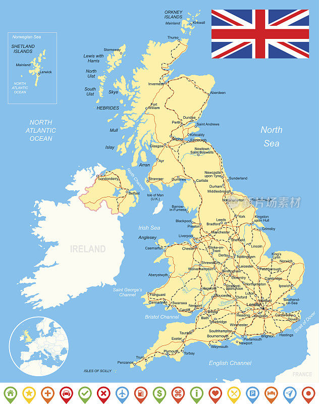 英国地图，旗帜，导航图标，道路，河流-插图