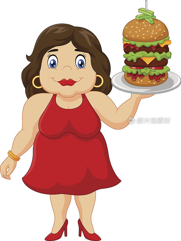 卡通胖女人拿着快餐