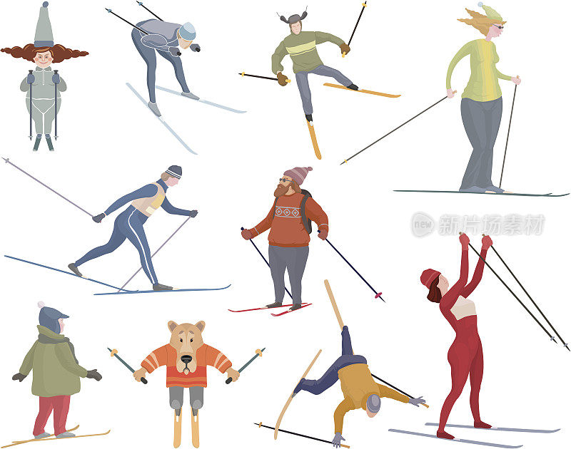 十个各种各样的人去滑雪