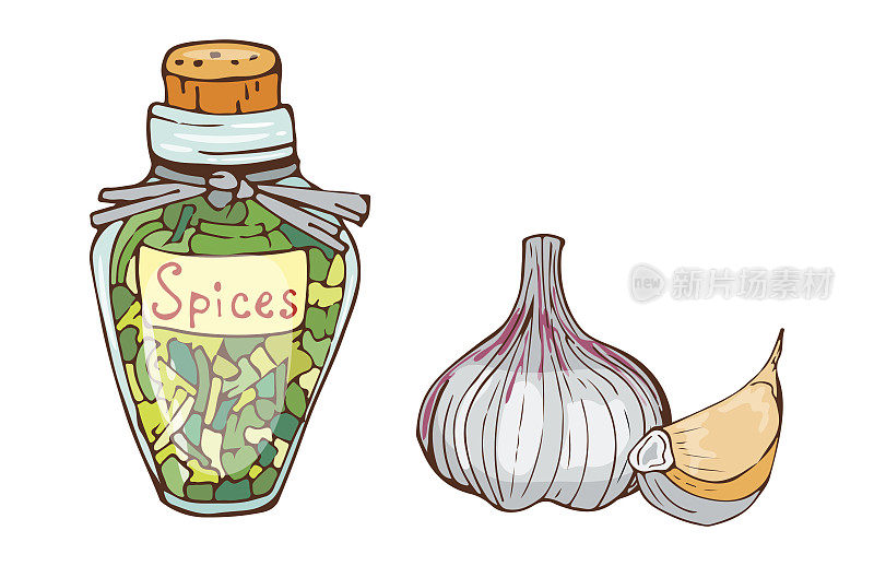 罐中装有烹饪配料辣椒、大蒜、辣椒、咖喱和调味料手绘风格蔬菜配料矢量插图