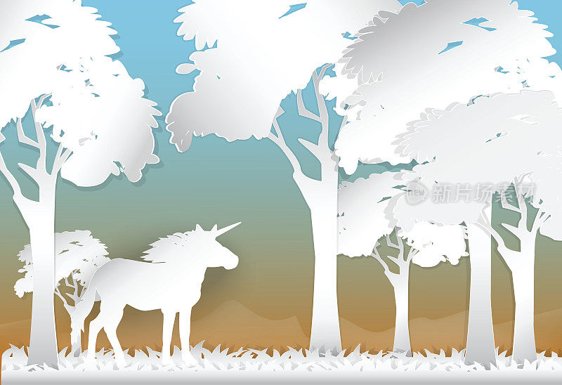 独角兽以森林自然为背景，纸制艺术风格