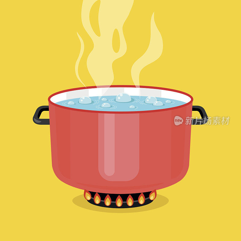 在锅里烧开水。红色烹饪锅在炉子上与水和蒸汽。平面设计图形元素。矢量图