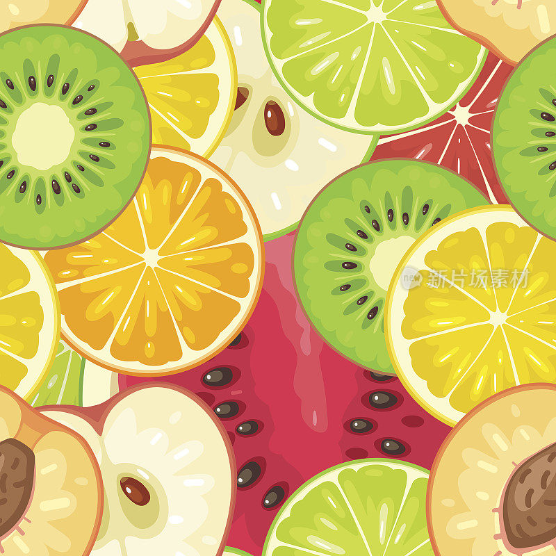 无缝模式水果。切片苹果，猕猴桃，桃子，酸橙，柠檬，橙子