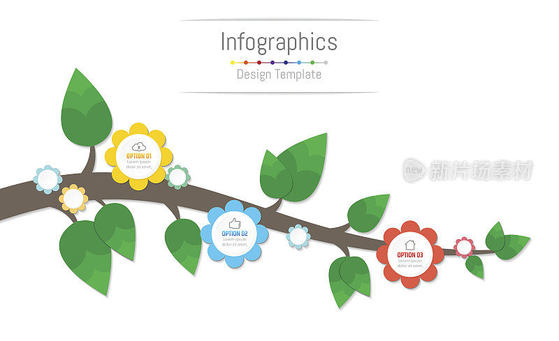 信息图表设计元素为您的业务数据3个选项，部分，步骤，时间线或流程，花和分支概念。矢量插图。