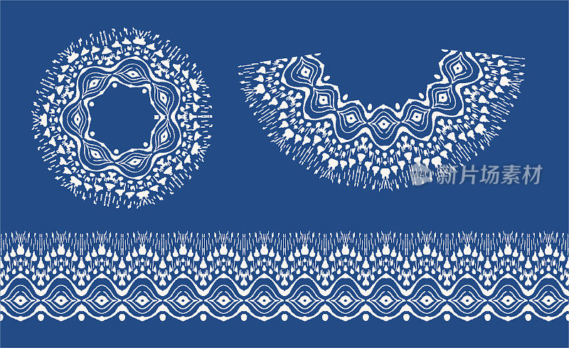一套扎染艺术刷子和花边。向量民族项链。伊卡特模式。Shibori印花与条纹和人字形。