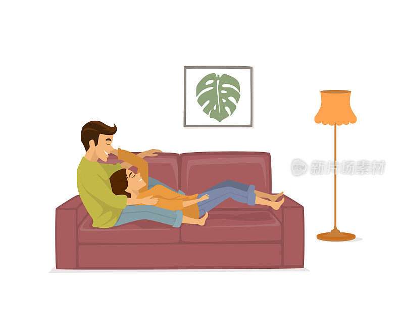 浪漫的夫妇在爱放松在沙发上在家孤立的矢量插图