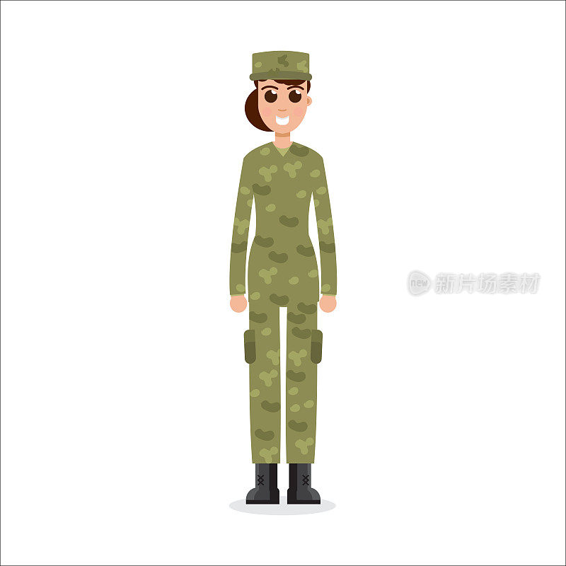 身着迷彩服的美国女士兵。矢量插图。