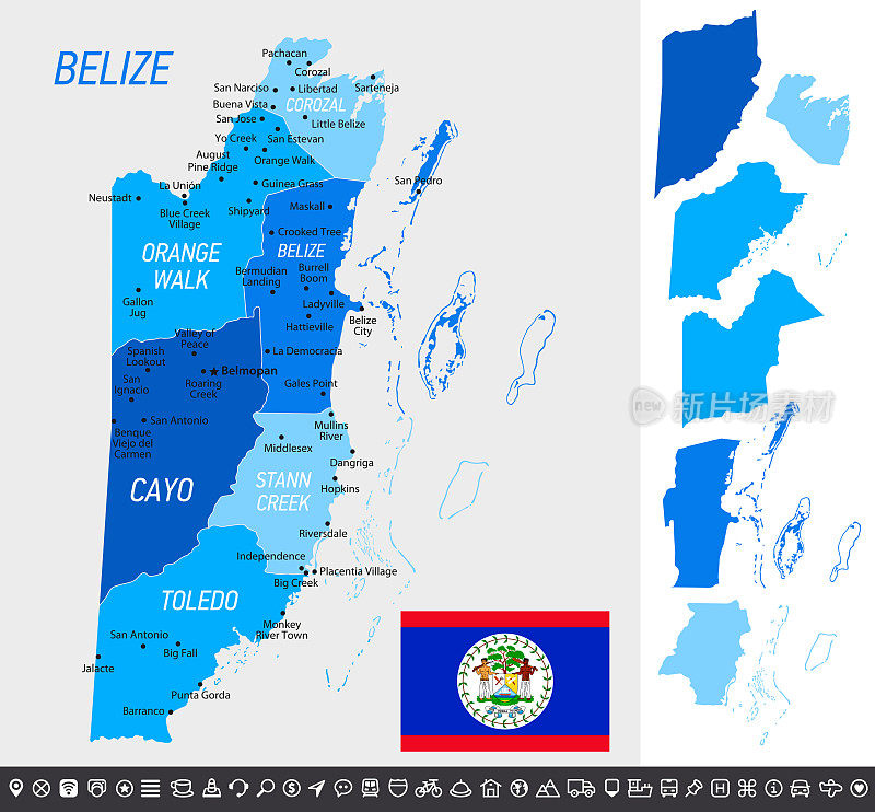 伯利兹地图与国旗，分开的省份和导航图标