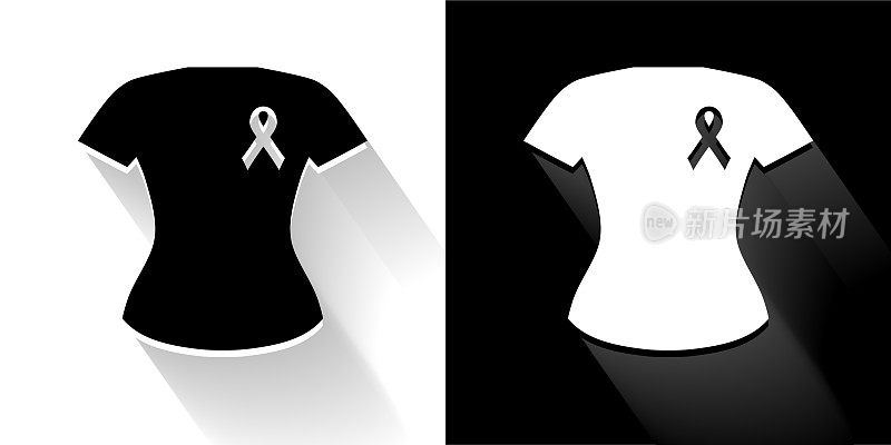 乳腺癌支持丝带衬衫黑色和白色与长影子图标