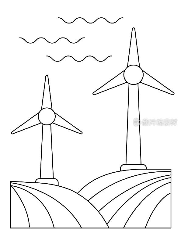 可爱的儿童农场涂色书页-风力涡轮机