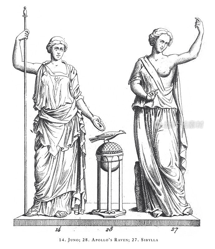 朱诺，阿波罗的乌鸦，西比拉，希腊和罗马神话雕刻古董插图中的传奇场景和人物，出版于1851年