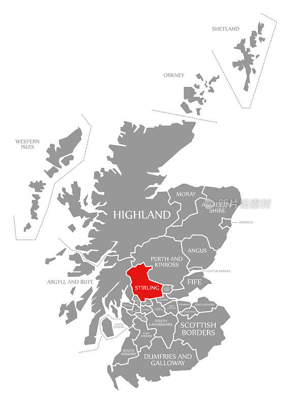 英国苏格兰地图上的斯特林红色高亮显示
