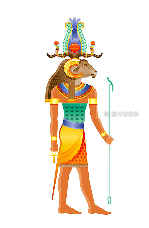 Khnum埃及神，尼罗河源神，神与公羊，羊头戴王冠。创造神的人的身体在陶制车轮从粘土。3d现实矢量插图孤立在白色背景