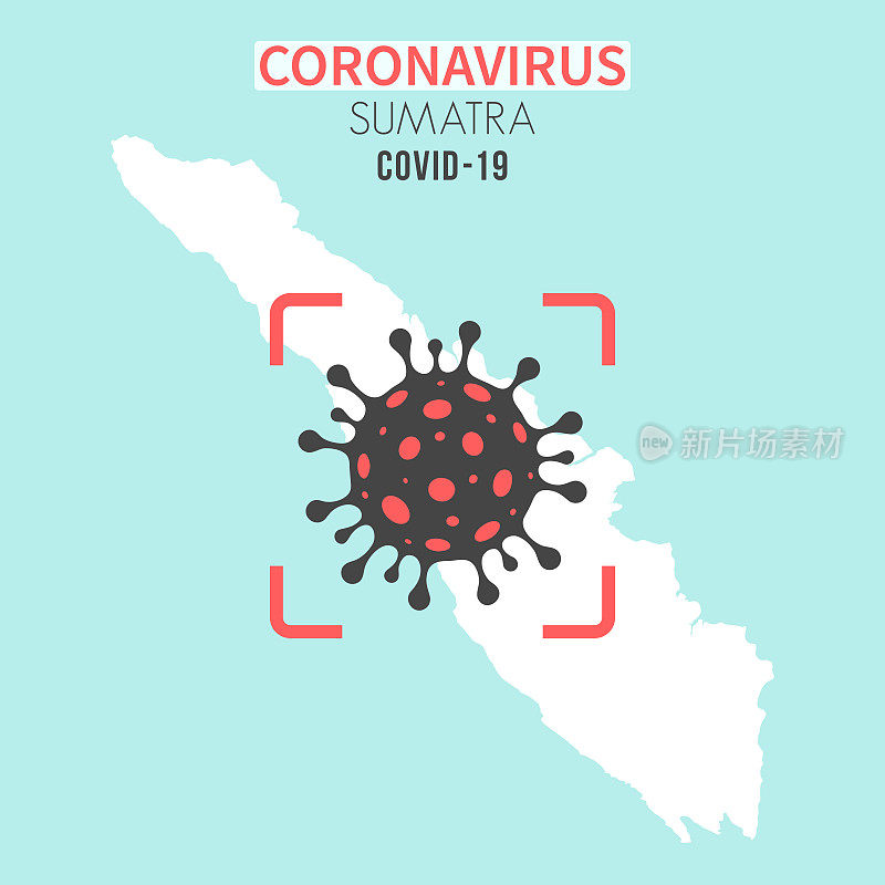 苏门答腊地图，红色取景器上有冠状病毒细胞(COVID-19)