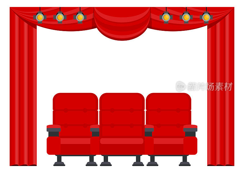 电影院里有三张舒适的红色扶手椅。电影院的座位插图。