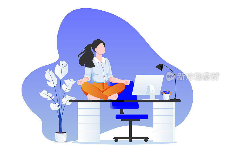 女商人坐在莲花坐姿在办公桌上。办公室瑜伽休息。矢量插图。工作中放松的时间