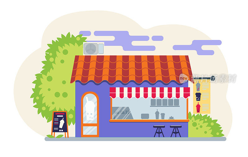 奶茶街小店。Coctail咖啡馆。平面向量插图。