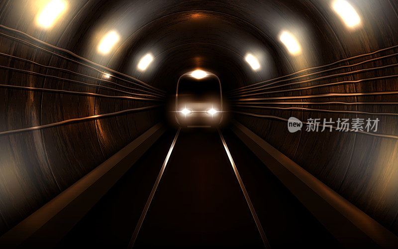 地铁列车在地铁隧道前视机车
