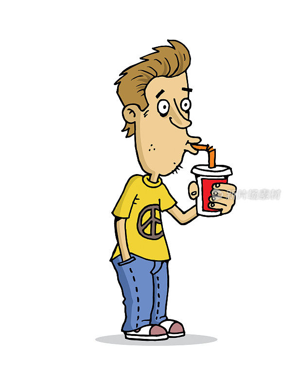年轻人用吸管喝可乐