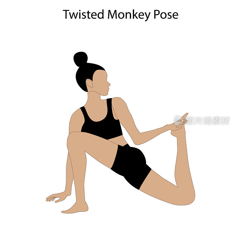 扭曲的猴子姿势瑜伽锻炼。健康生活方式矢量图