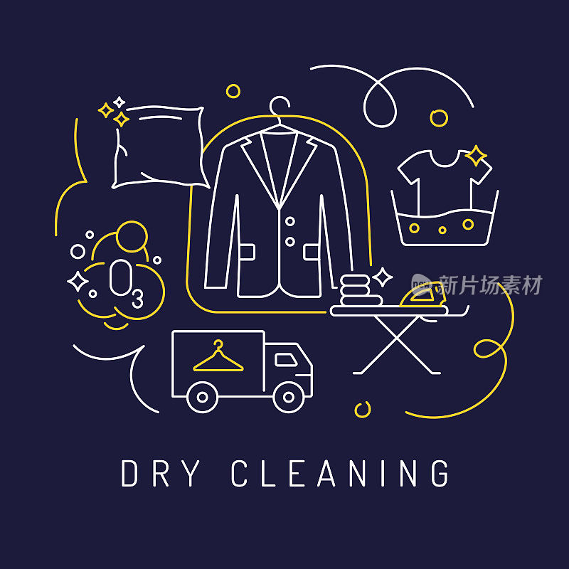 洗衣和干洗概念，现代线艺术图标的背景。线性风格矢量插图。