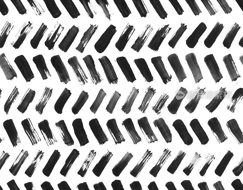 手工绘制的人字纹在黑色-无缝矢量插图与对角线孤立在白色背景-不均匀，不规则，凌乱，肮脏的笔触与独特的细节安排在z字形组成-纺织图案
