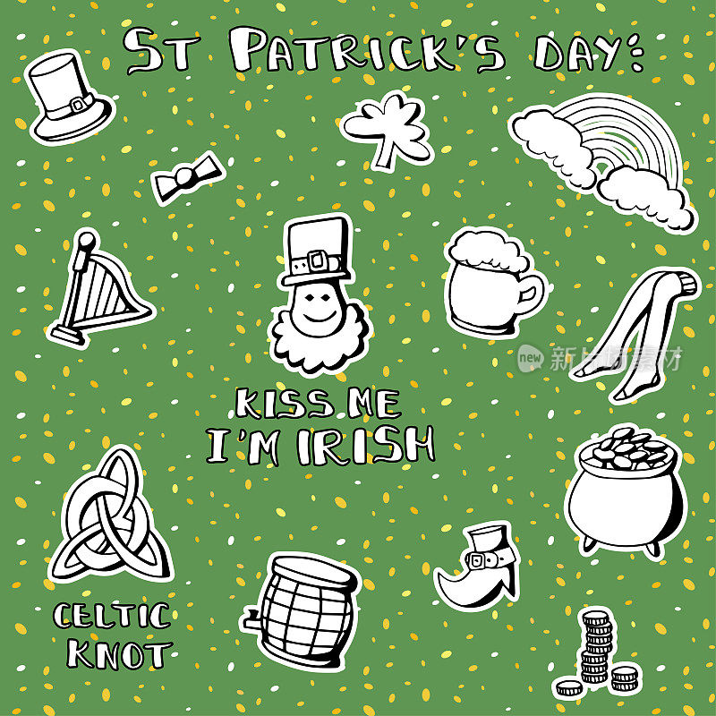 圣帕特里克节涂鸦-手工图标和字母