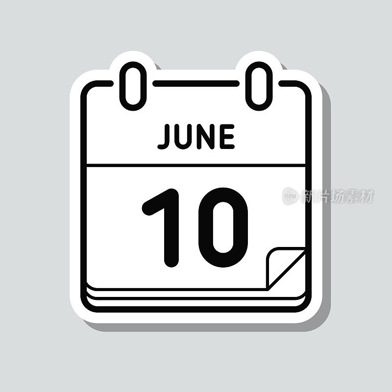 6月10日。灰色背景上的图标贴纸