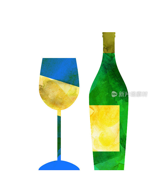 水彩抽象葡萄酒与白葡萄酒瓶和玻璃