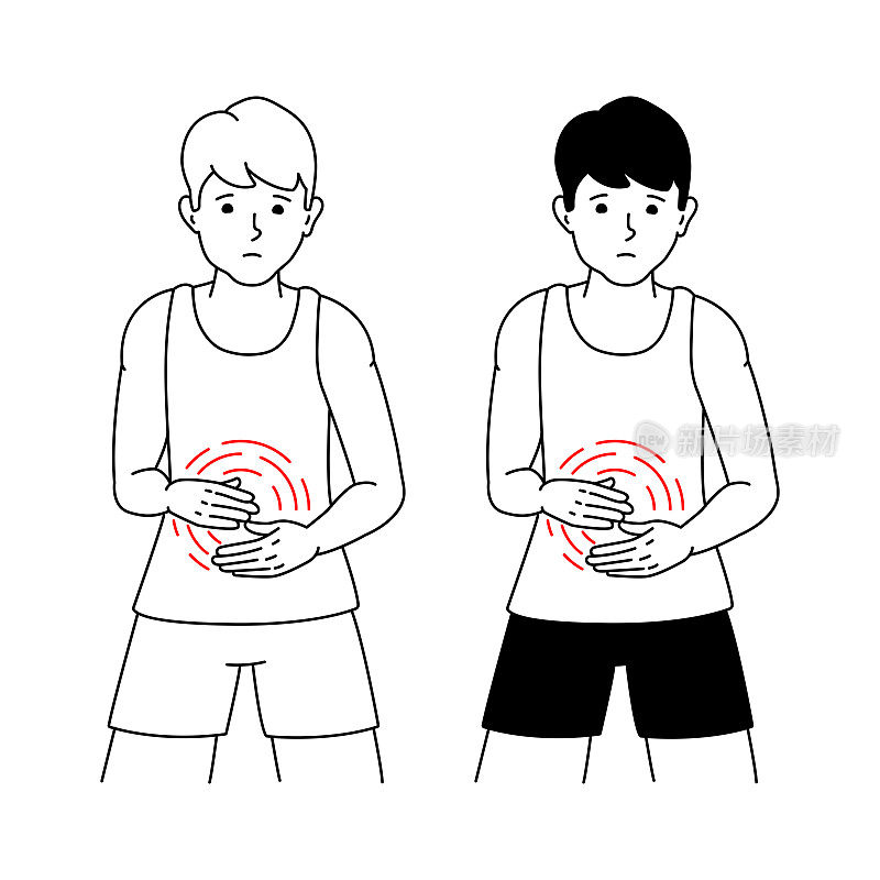 矢量插图的一个家伙在隔离腹部疼痛在一个白色的背景